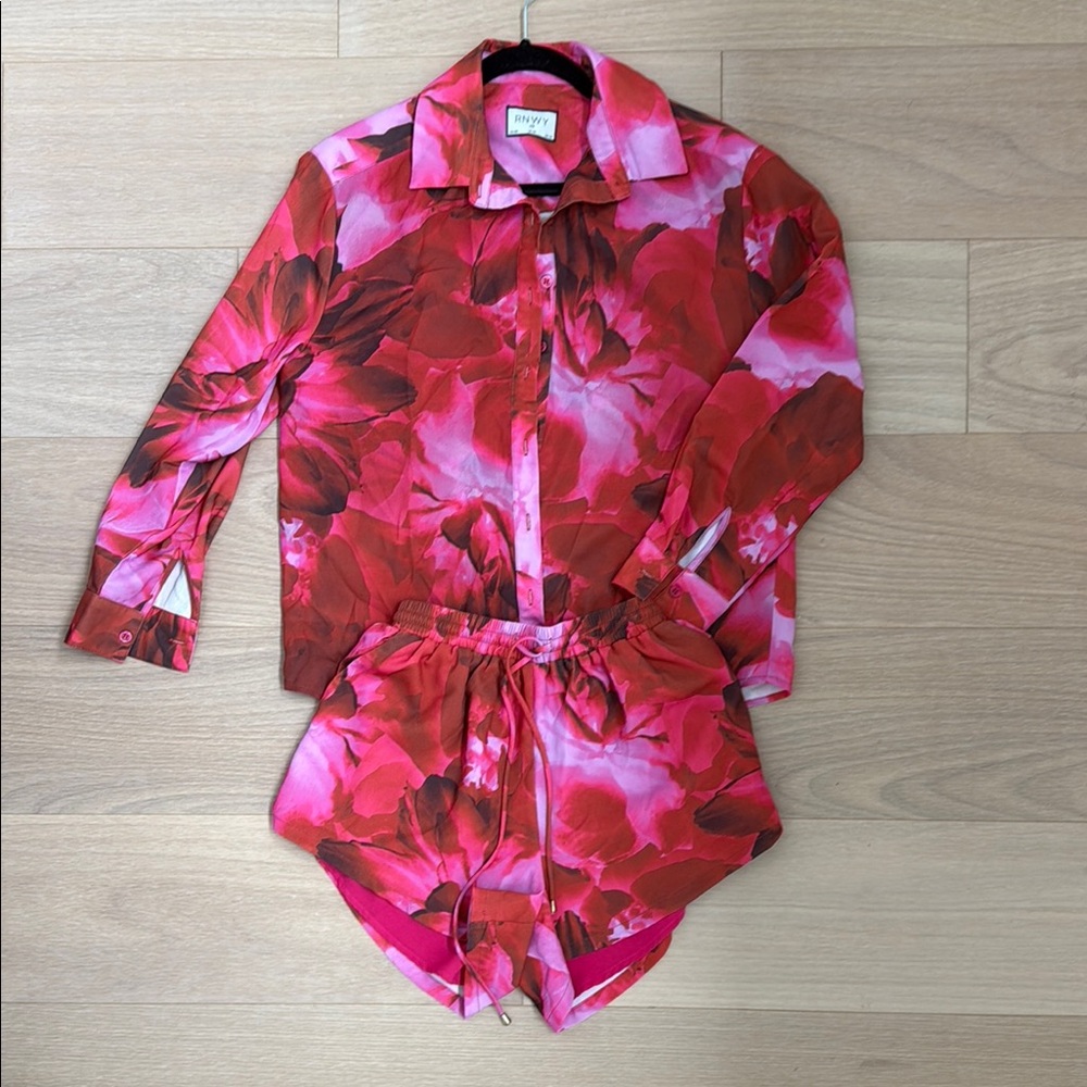 Floral Red and Pink Button-Up Shirt and Shorts Set